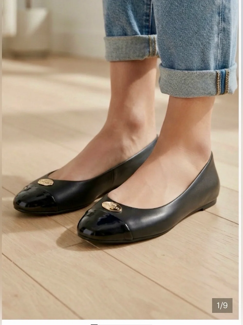 Coach Black Leather Ballet Flats with Patent Black Toe and Gold Logo. Sz: 7B